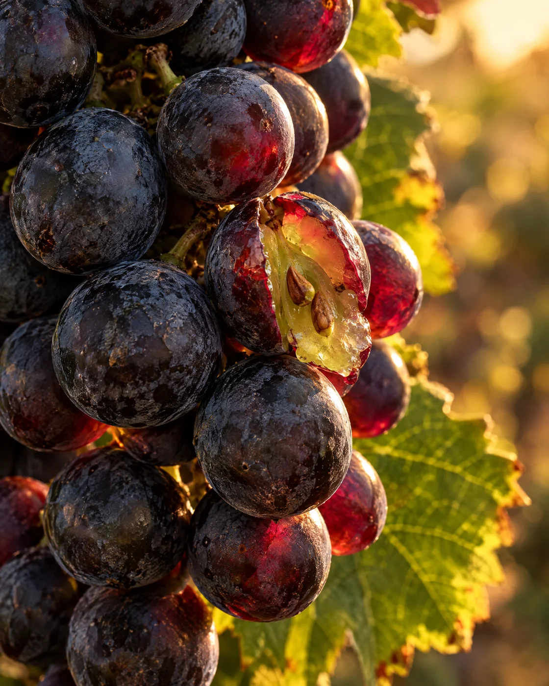 Macro of dark Plavac Mali grapes on the vine, one split open showing pulp and seeds