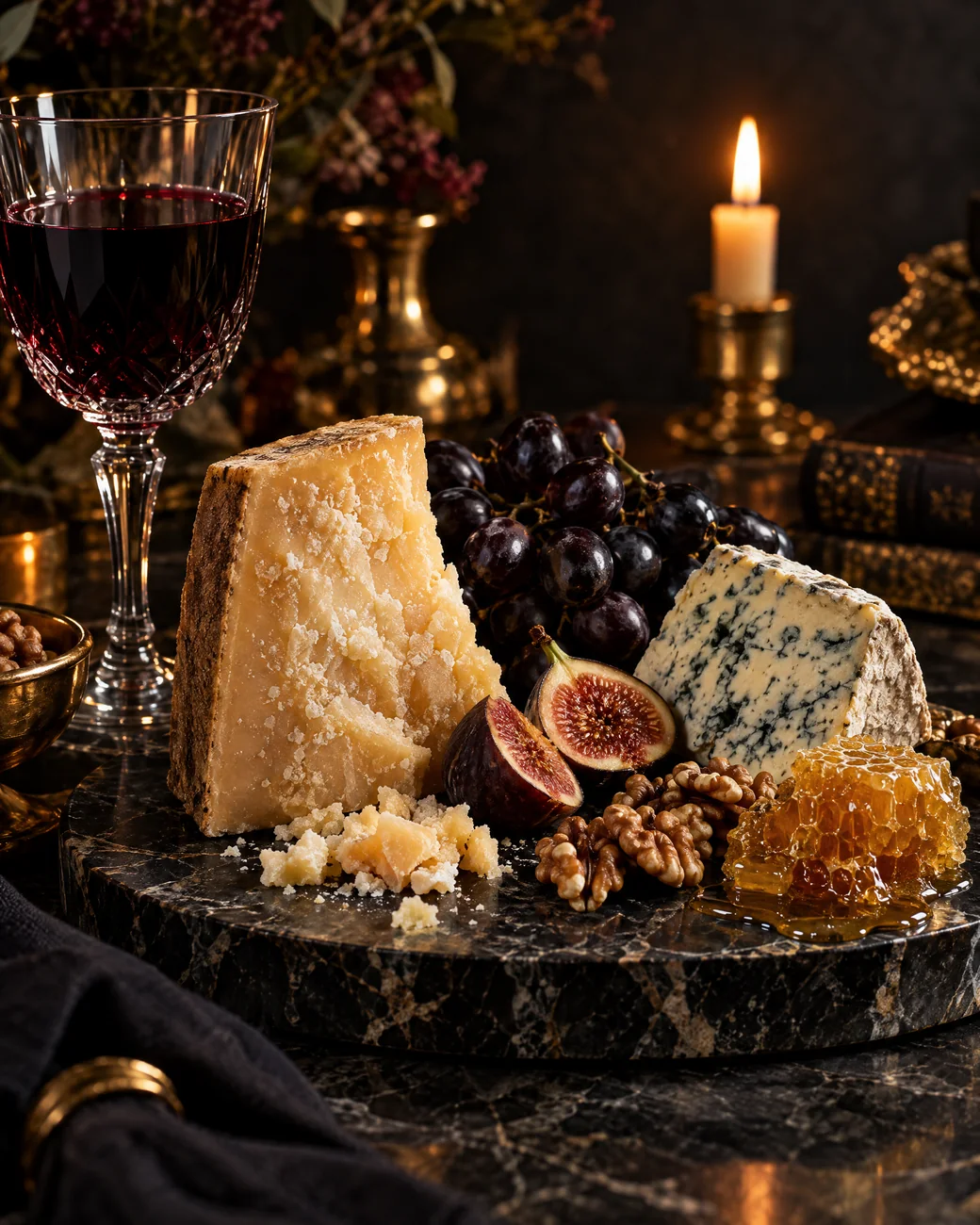 Aged cheese board with figs and grapes