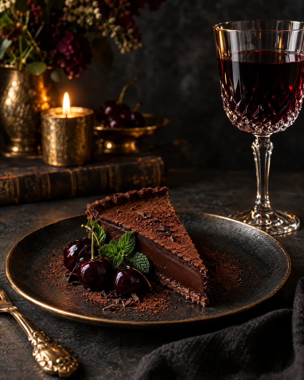 Dark chocolate tart with cherries