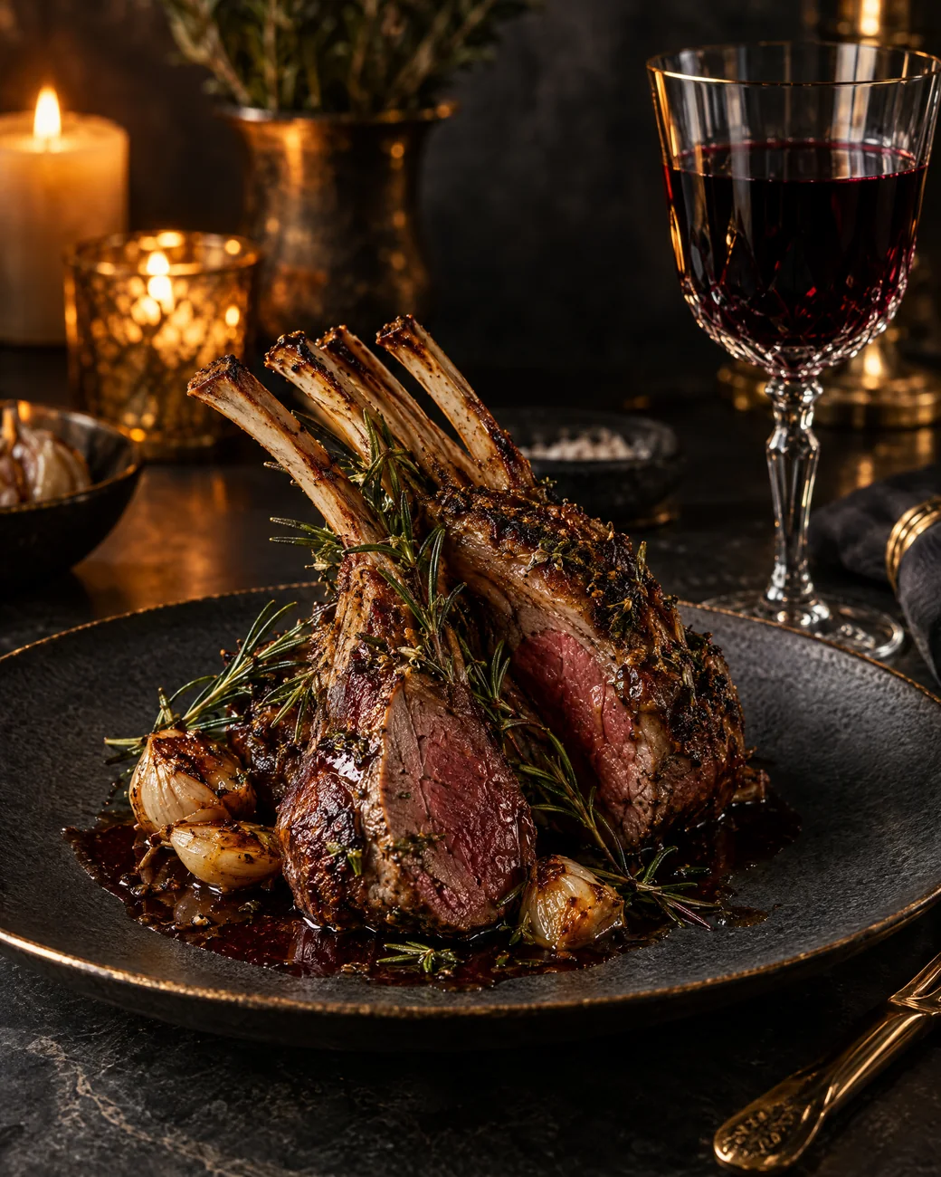 Rosemary-roasted rack of lamb with red wine jus
