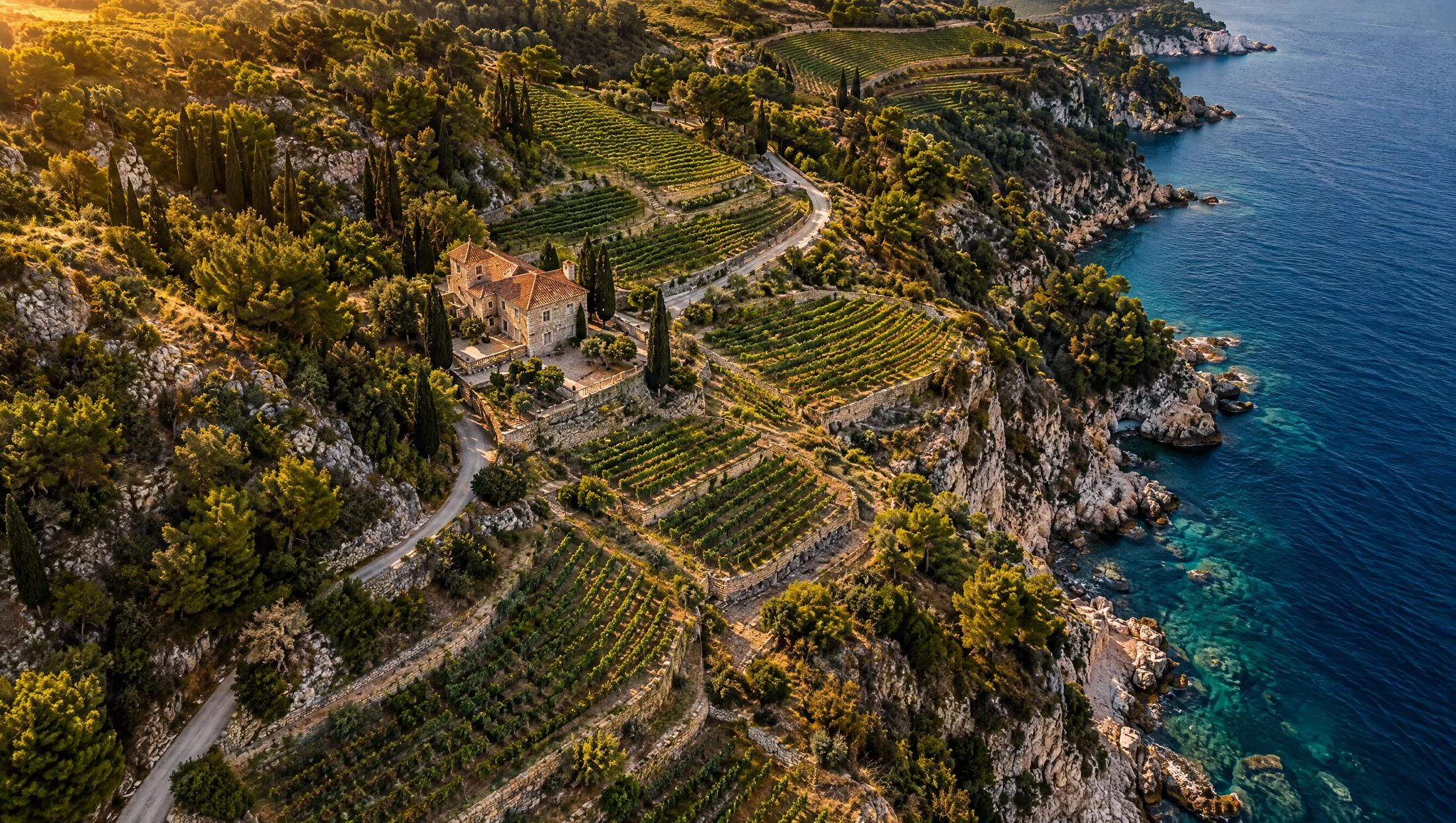Aerial view of terraced vineyards above the Adriatic sea
